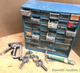 Organizer, Staple Gun, Oar Locks and Multi-purpose Stakes: Plastic organizer with 30 small drawers,