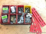Screw Bins, Washers, Bolts and Mounting Brackets: 8 bins with bolts, washers, flat corner irons.