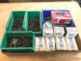 Screw Bins and Screws: 4 screw bins with square head wood screws, metal sheet screws. Green bins
