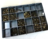 Upholstery Tacks and Organizer: 24-compartment organizer with mostly brass upholstery tacks, new and