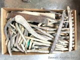 Chair Dowels & Supports: Box of miscellaneous wood chair parts of spindles/dowels, back slats,