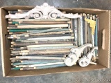 Wooden Chair Spindles: Box full of round spindles. Some nice decorative wood applique pieces. Box