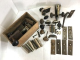 Old Door Knobs and Latches: Lot of old door knobs, latch mechanisms, decorative door plates, old