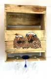 Wine Rack: Rough wood wine rack with wood burned Harley Davidson emblem and bald eagles along with 3