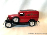 Model Car Bank: 1932 Red Ford Delivery Van, cast metal coin bank. Fleet Farm advertising from 1993.