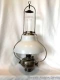 Hanging Metal Kerosene Lamp: Aladdin Model No 6 burner, glass chimney and white glass shade. Overall