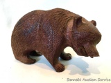Carved Bear: Red Mahogany wood carved bear with fish. Nice weight to it. 7