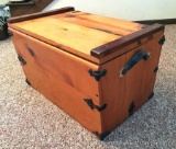 Pine Chest: Insulated pine chest with leather handles, packed with picnic supplies. 29.5