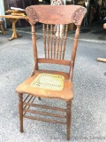 Press Back Chair: Turned spindles and spline caned seat. Reinforced underneath with small squares.