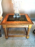 End Table: Foreign wood and glass end table, 30