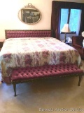 King-size Headboard & Footstool: Plum colored tufted upholstery. With metal frame. Mattress and box