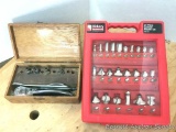Router bits: Modern and nostalgic. Newer Hickory 24-piece carbide master set, along with old wood