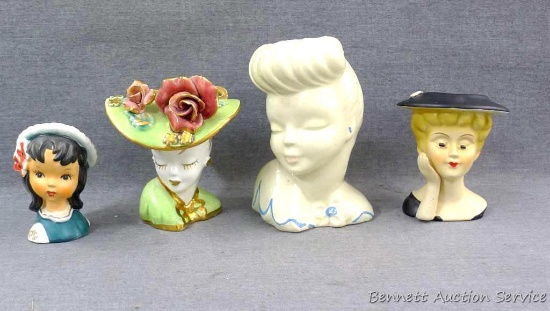 Three vintage bust style vases; one other little girl vase. Tallest is 6-1/2". All in good