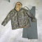 Camouflage lined rain jacket, size Large and rain pants, with adjustable waist.