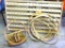 Beautiful handmade wooden spool rack, table top hoop stand and various hoops. Rack is 37-1/2