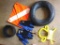 Scuba diving accessories including flag, tank holder and diving gloves.