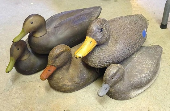 Duck decoys up to 15" by Herter's, Flambeau and others. One of the Herter's has a cracked neck. Good