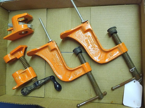 Two 3" Jorgensen No. 1623 hold down clamps, plus one Pony pipe clamp for 3/4" pipe