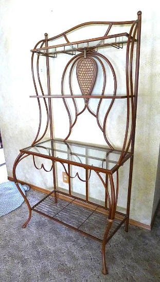 Metal framed wine rack with two glass shelves and a bottom wire shelf. Approx. 6' tall x 3' wide x