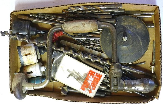 Assorted hole saws up to 2-1/4", plus auger bits, Milwaukee hole hogs, brace, sanding disc, steel