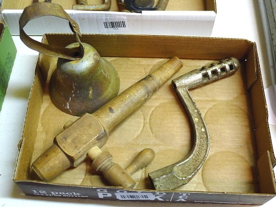 Antique 10" wooden spigot, stove handle and 4" bell.