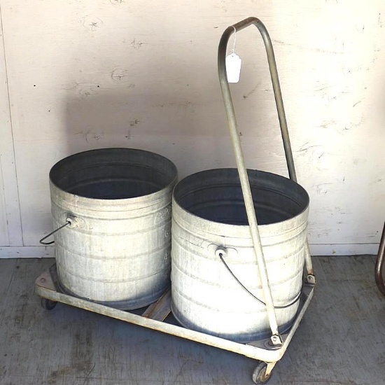 Vintage cart with two galvanized buckets. Cart is approx. 30" l x 14-1/2" w. Buckets are marked