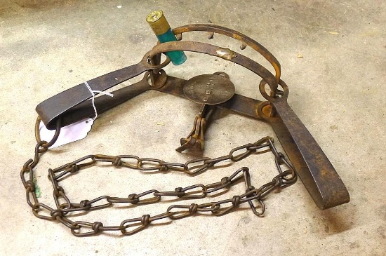 Triumph No. 42X wolf trap with teeth is 19" long, has a nice pan and an old repair.