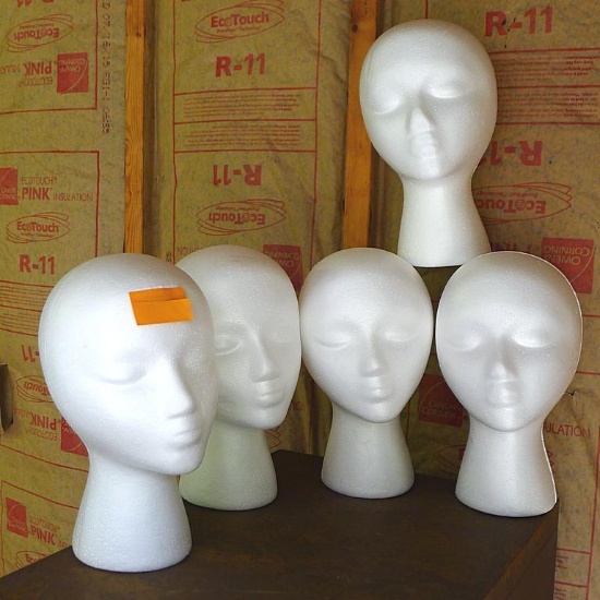 Five Styrofoam heads. 12" tall. Use for displaying hats or wigs.