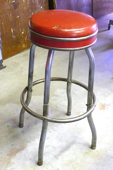 Vintage bar stool, approx. 13" w x 31" h. Normal wear for age.