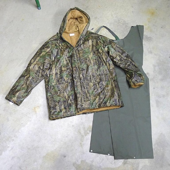 Camouflage lined rain jacket, size Large and rain pants, with adjustable waist.