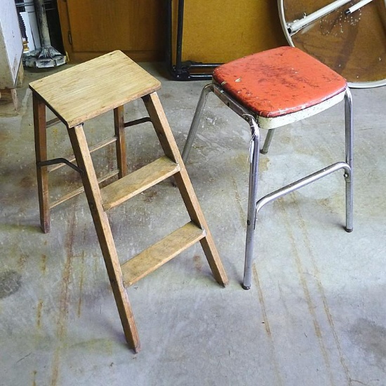 Vintage stool and wooden step ladder. Stool is approx. 11" x 13" x 22". Both need some love.