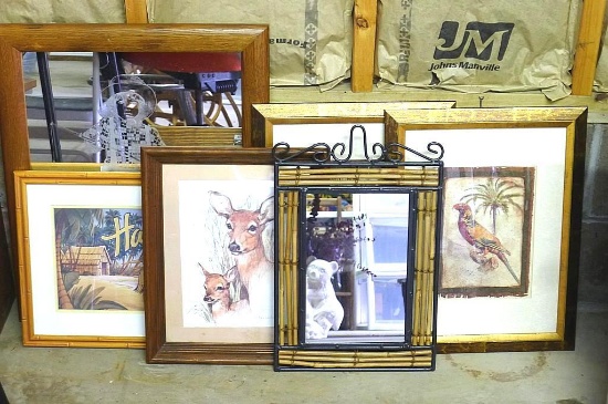 Assorted framed prints and mirrors. Largest piece is 23-1/2" x 19-1/2". All are in nice shape.