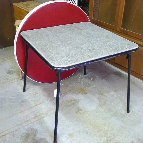 Vintage round card table, 36" and 30" square card table. Both show wear from use.