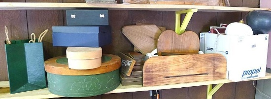 Dried gourds with books on gourds, assorted wooden items incl. boxes, shelves, signs and more.