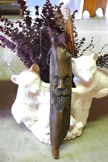 Unfinish bear ceramic planter, face carving on wood and more. Planter is approx. 22" l x 12" w x 18"