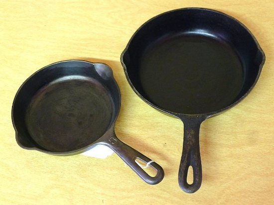 No. 3 Griswold 6-1/2" cast iron skillet and a 8-1/8" cast iron skillet.