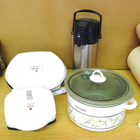 Crockpot slow cooker, Zojirushi AirPot stainless steel beverage dispenser, two George Foreman