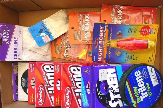 Fishing spinners, crab line, night bobby, fishing line and more. Line incl. Berkley and Stern. Most