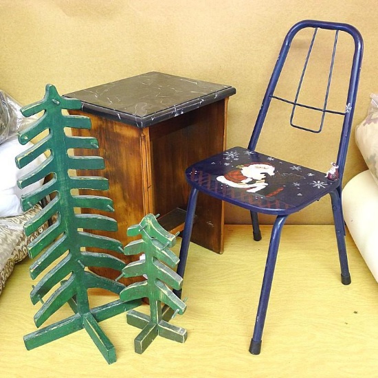 Wooden stand, Christmas theme chair and two wooden trees. Chair is 12" w x 25" h. Stand is 12" x 11"