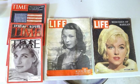 Collectible Life magazines featuring Marilyn Monroe and Vivian Leigh; Time magazines featuring