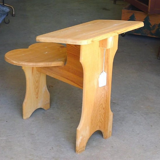 Cute child's desk with heart shape seat. Overall measures 24" l x 14" w x 22" h. Has a few paint
