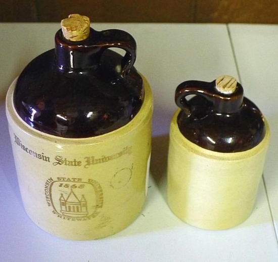 Commemorative Wisconsin State University jug is 6-1/2" tall. Smaller jug is 5". Both in good