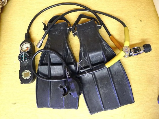 Water Lung dive fins and Scuba Pro diving regulators with console. Model G200.
