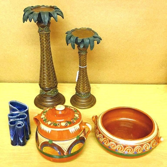 Decorative dish and pot, vase and two candle holders. Tallest candle holder is approx. 15" high.