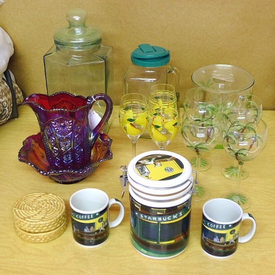 No Shipping. Assorted glassware incl. decorative pitcher and bowl, ice bucket, wine glasses,