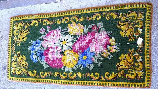 Nice floral hand made latch hook tapestry rug measures approx. 3' x 6'.
