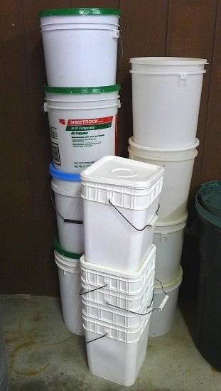 Assortment of 5 gallon pails, buckets and more.