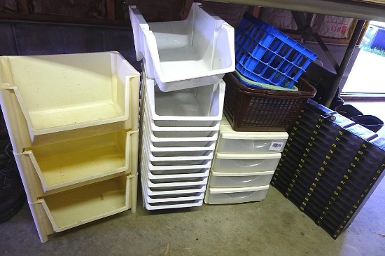 Auctioneer case and assortment of bins, baskets and more. The largest bin is 12" x 8" x 6".