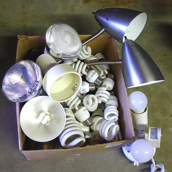 No Shipping. Motion detector light, clamp on lights and assorted bulbs, see pictures.