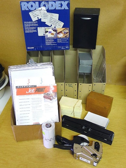 Assorted office supplies including Rolodex, small file boxes, magazine holders, clip boards, labels,